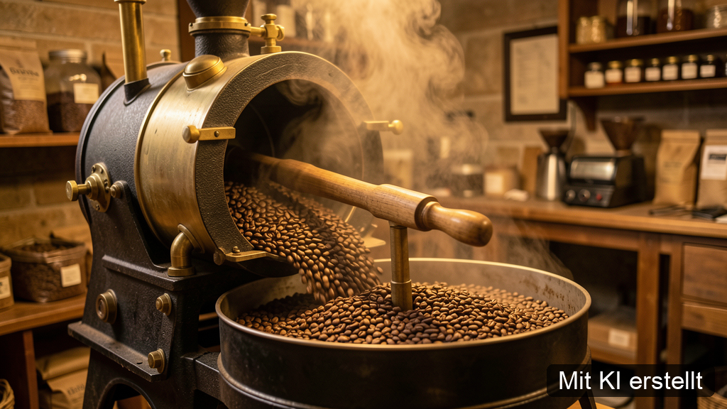Trommelröster in einer traditionellen Kaffeerösterei: frisch geröstete Bohnen fallen ins Kühlsieb
