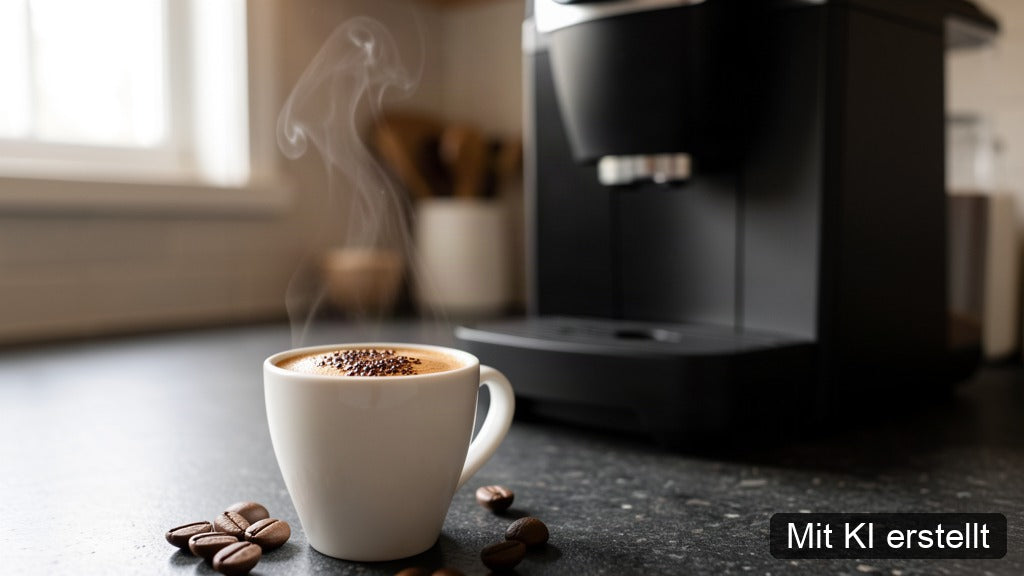 Bester Espresso für Vollautomaten in einer Tasse vor einem Kaffeevollautomaten