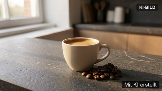 Säurearmer Espresso mit Crema und gerösteten Kaffeebohnen in einer Küche