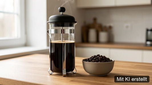 Kaffeebohnen für French Press neben einer gefüllten Stempelkanne