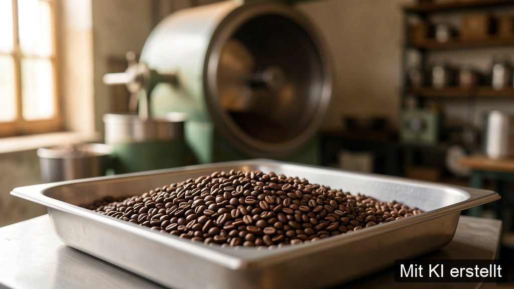Frisch geröstete Kaffeebohnen ruhen nach dem Rösten in einer Rösterei