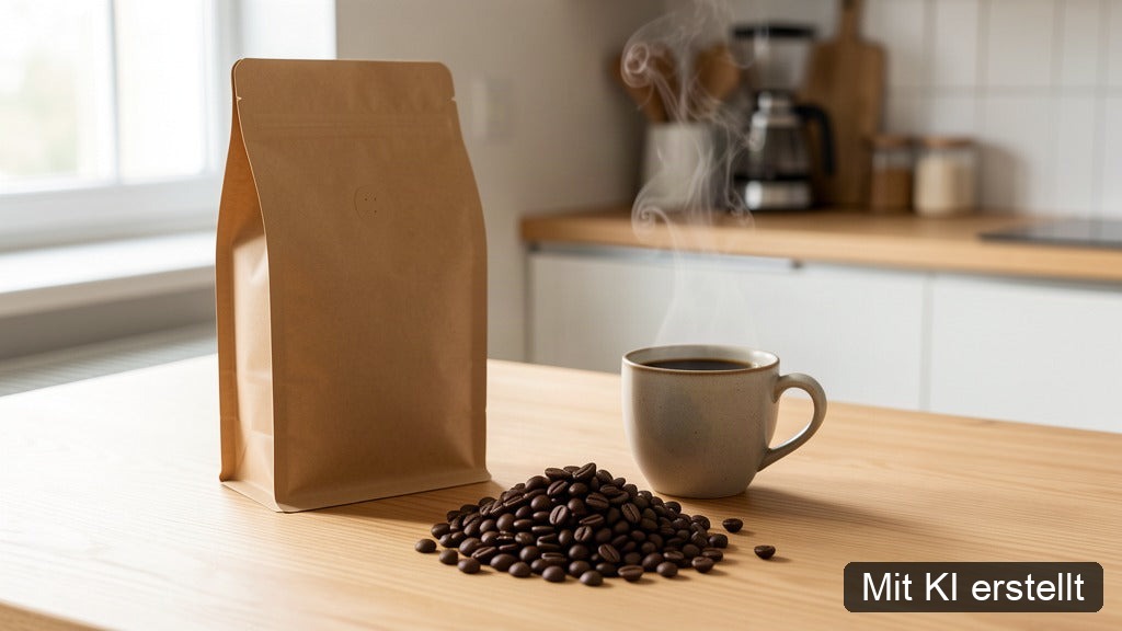 Säurearme Kaffeebohnen mit Kaffee in einer hellen Küche