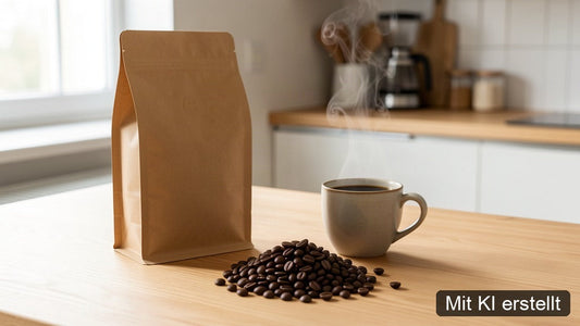 Säurearme Kaffeebohnen mit Kaffee in einer hellen Küche