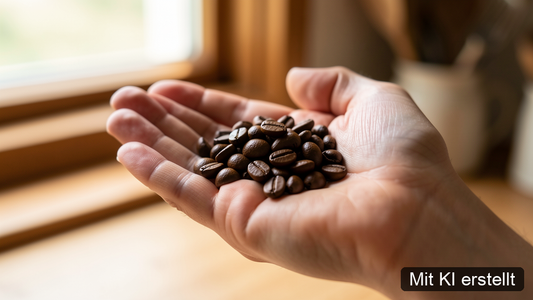 Hand hält frisch trommelgeröstete Kaffeebohnen, gleichmäßig mittelbraun, langsam geröstet
