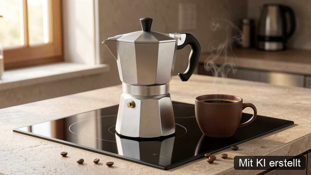Kaffeebohnen für Espressokocher neben einer Mokkakanne und einer Tasse Kaffee