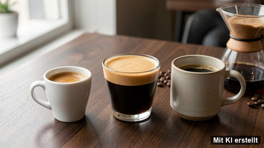 Caffè Crema im Vergleich zu Espresso und Filterkaffee auf einem Holztisch
