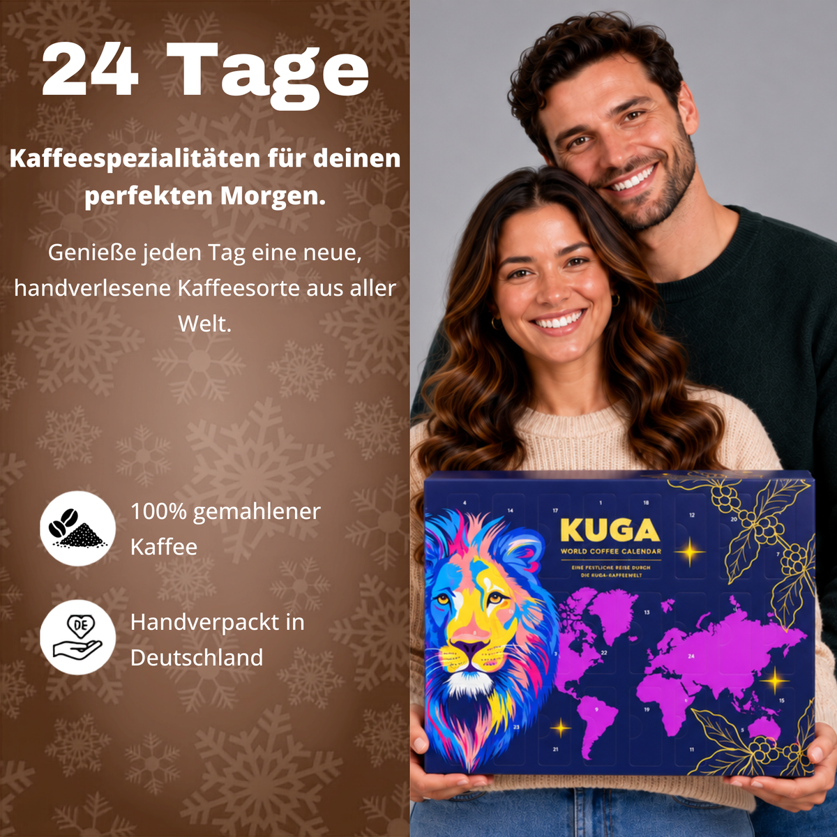 KUGA® Gemahlener Kaffee Adventskalender 2026 mit 24 Sorten Fairtrade & Bio