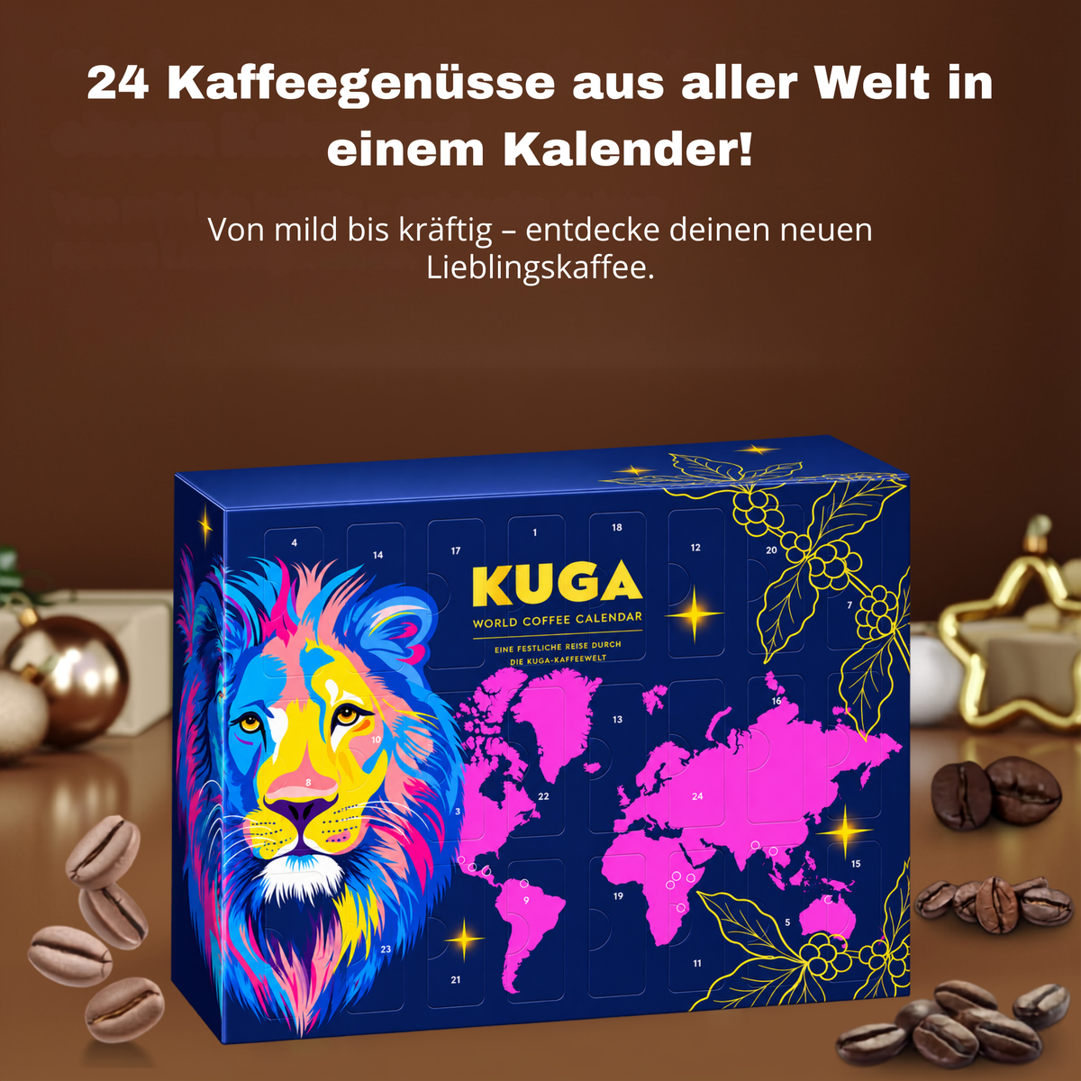 KUGA® Gemahlener Kaffee Adventskalender 2026 mit 24 Sorten Fairtrade & Bio