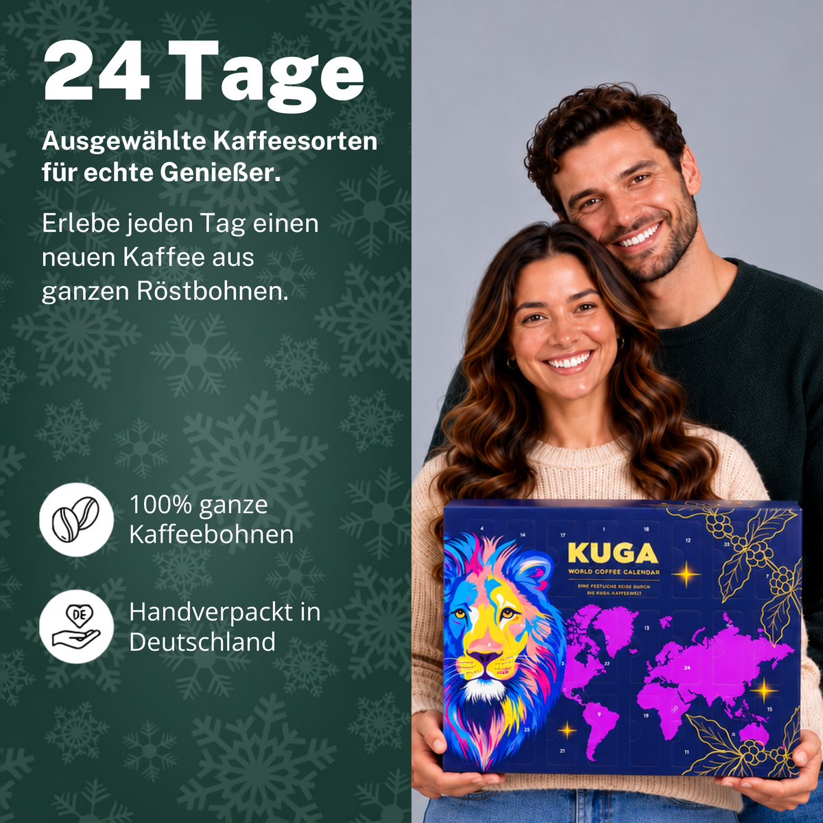 KUGA® Kaffee ganze Bohne Adventskalender 2026 mit 24 Sorten Fairtrade