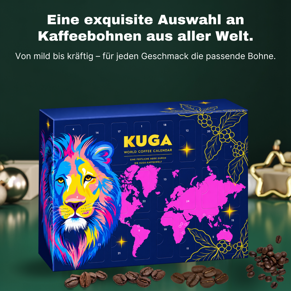 KUGA® Kaffee ganze Bohne Adventskalender 2026 mit 24 Sorten Fairtrade
